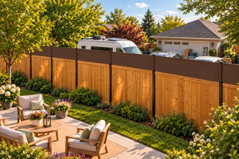 Brown fence topper above a cedar fence beside a backyard patio