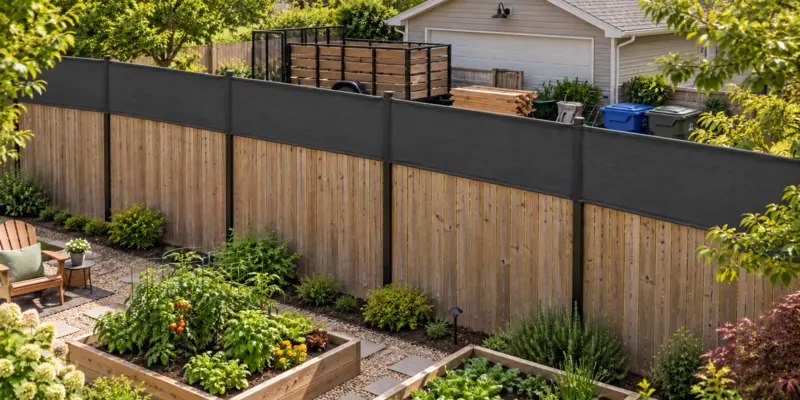 Fence topper above a cedar fence beside raised garden beds