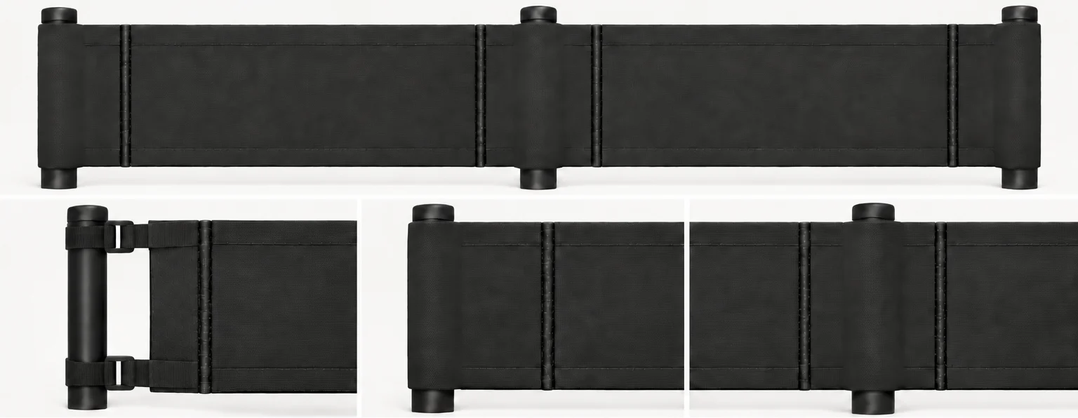FenceTopper construction composite: full assembly, outer post with strap fasteners, inner post pocket