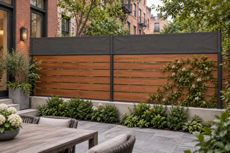 Carbon topper above a horizontal wood fence in a brick courtyard