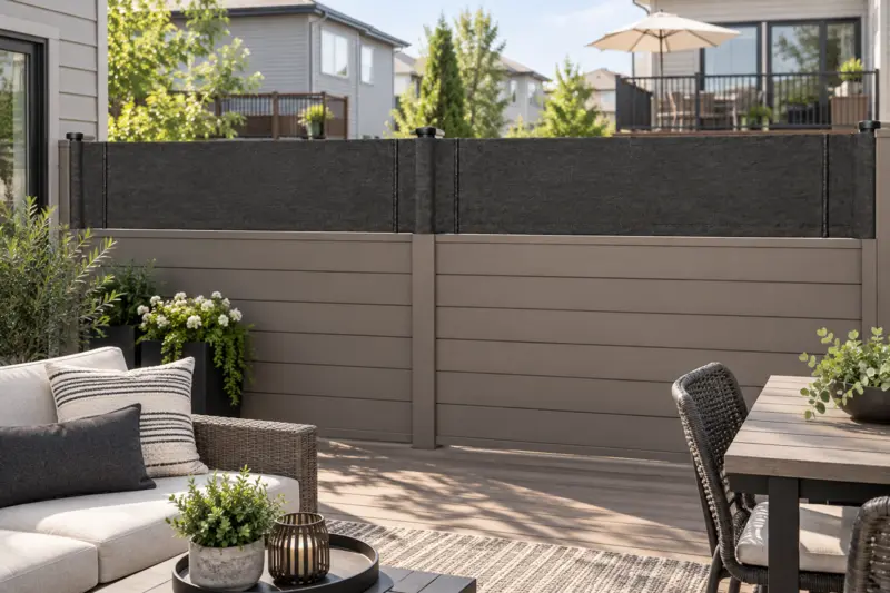 Carbon fence topper on a taupe composite fence beside a deck lounge
