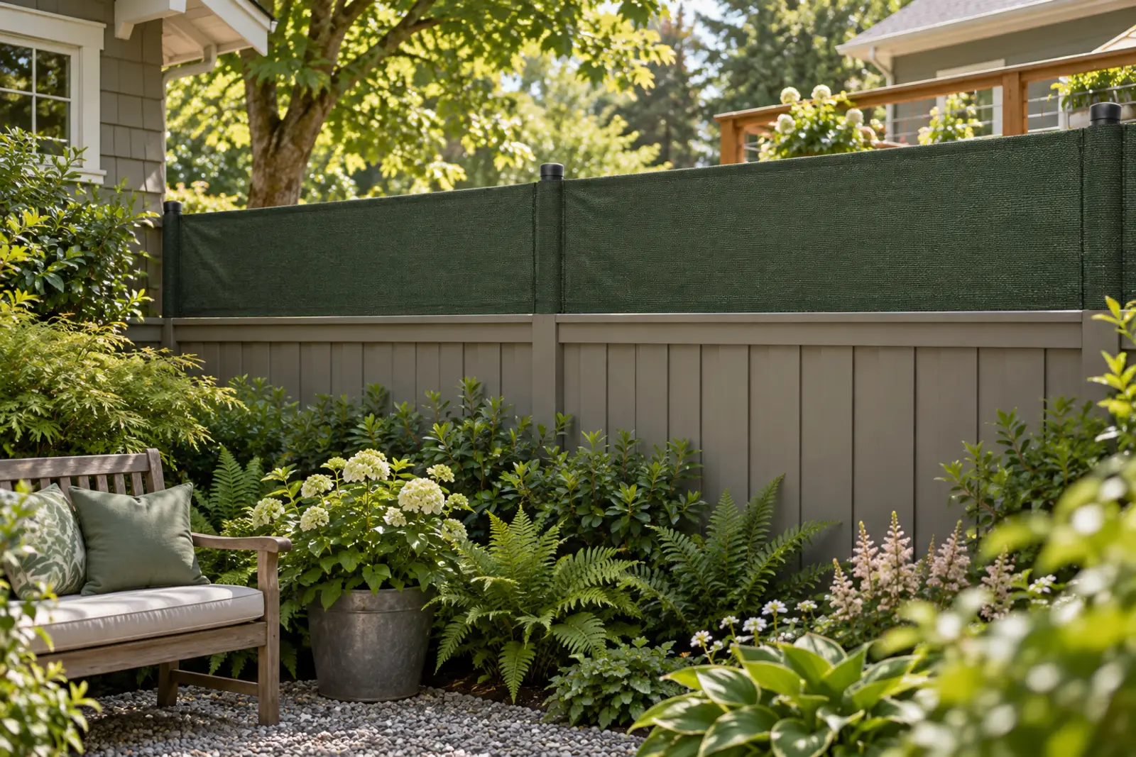 Evergreen FenceTopper mesh panel installed above a gray wood fence in a shaded garden