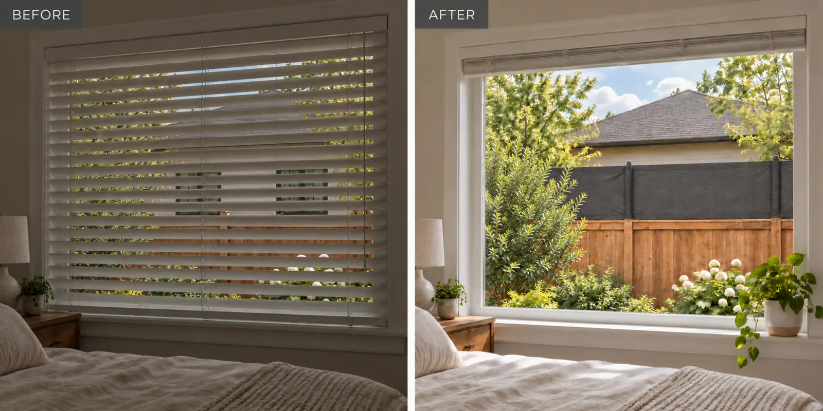 Before: blinds closed against a neighbor’s view. After: blinds open with a fence topper blocking the sightline.